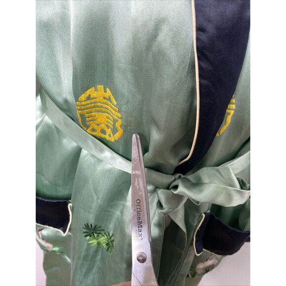 Vintage 100% Silk Kimono Robe Light Green Black XXL Embroidered Bird Floral Leaf - Picture 6 of 16